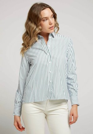 Chemise à rayures vertes et blanches avec un col, des manches longues et une coupe légèrement raccourcie, fabriquée en tissu léger et texturé.