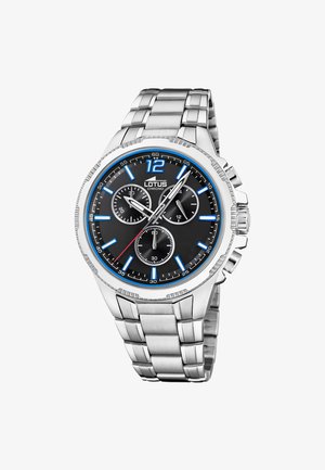 Stainless steel Lotus chronograph watch with black dial, blue hour markers, three subdials, and silver bracelet strap.