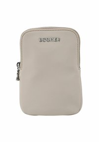 Beige Nylon-Etui in rechteckiger Form mit silbernem Reißverschluss und geprägtem "BOGNER"-Logo. Glatte Oberfläche mit minimalistischem Design.