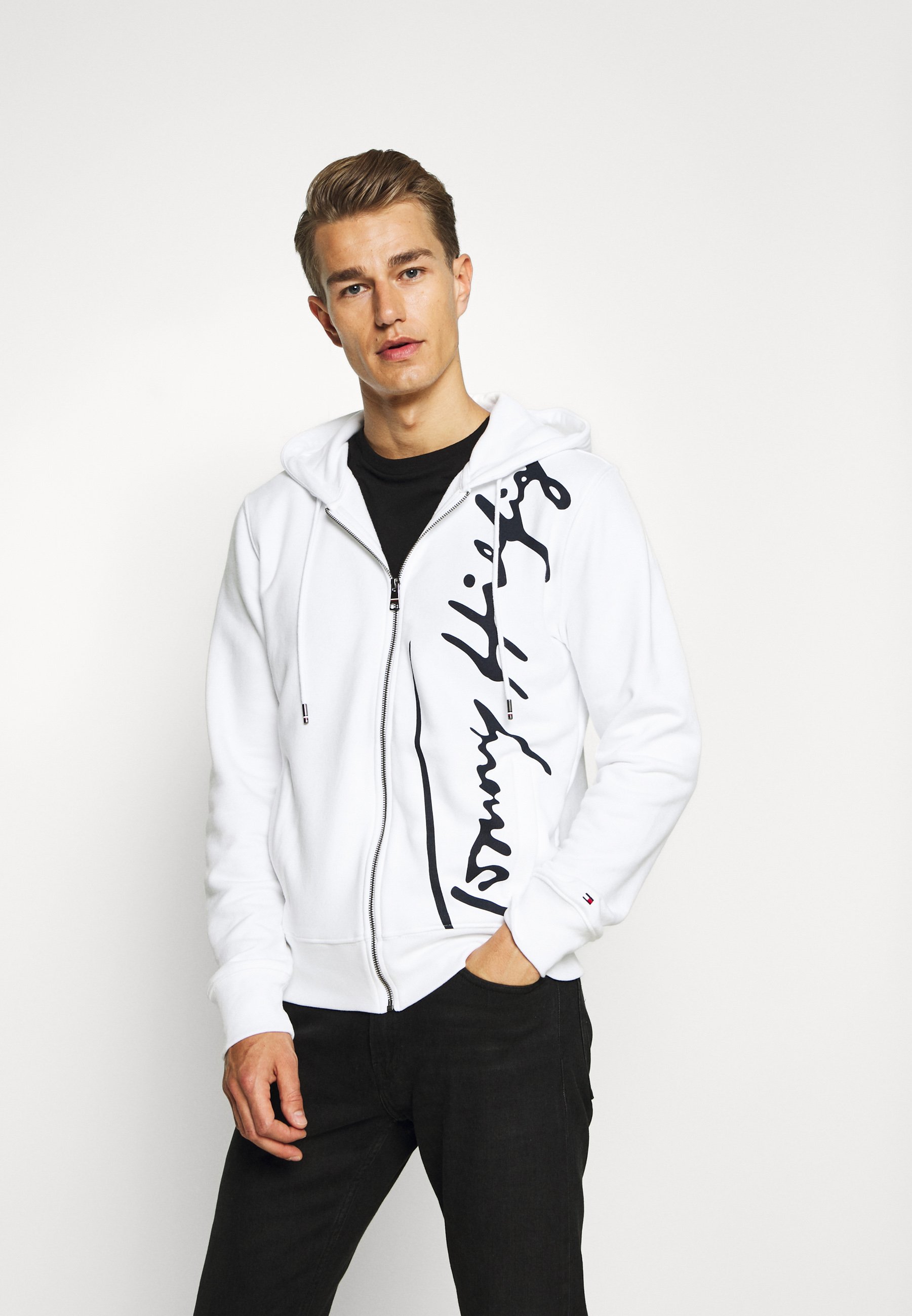 tommy hilfiger icon stripe logo print hoodie in grey marl