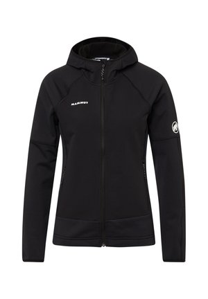 Black softshell jacket with a hood, zip front, and elastic cuffs. Features Mammut logo on chest and sleeve, plain texture, designed for outdoor use.