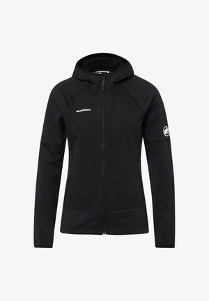 Sort softshell jakke med hætte, lynlås foran og elastiske manchetter. Har Mammut-logo på brystet og ærmet, ensartet tekstur, designet til udendørs brug.