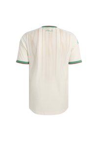 Light cream jersey with green and red accent stripes on the sleeves, featuring a textured pattern and a small logo on the neckline.