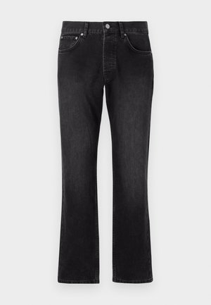 Pantalones vaqueros de denim negro con un diseño de pierna recta, presentando una cintura de altura media, bolsillos delanteros y un cierre clásico de botón.