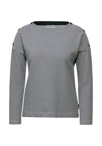 Haut à rayures noir et blanc à manches longues avec un large décolleté, un tissu texturé et des accents de boutons aux épaules.
