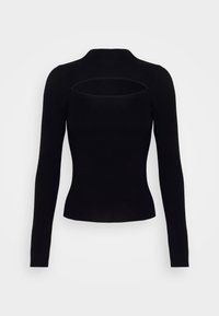 Svart ribbad långärmad topp med hög halsringning och ett skärningsdetalj på ryggen. Tyget ser slätt ut och har en figurnära silhuett.