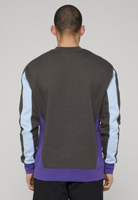 Heren sweatshirt met een bruin lichaam, lichtblauwe en paarse zijpanelen, een ronde hals en geribbelde manchetten. Modern colorblock-ontwerp.