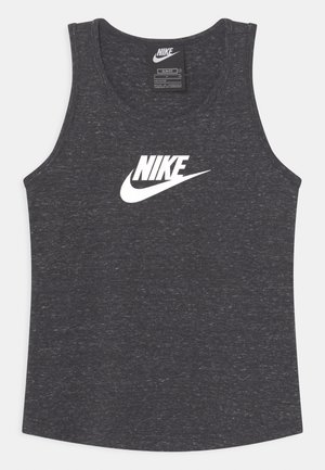 Débardeur slim fit sans manches Nike gris foncé avec logo Nike blanc et Swoosh centré sur la poitrine.