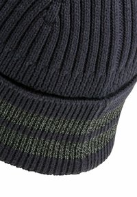 Gebreide beanie in donkergrijs met ribbelstructuur. Heeft twee horizontale strepen in een contrasterende groene kleur nabij de opgerolde zoom.