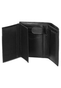 Portafoglio in pelle nera con più slot per carte, scomparto con zip e chiusura a scatto. Texture liscia e design minimalista.