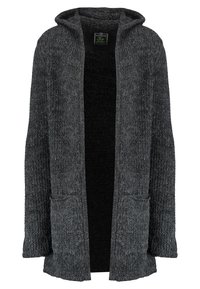 Długi kardigan z otwartym przodem wykonany z teksturowanej ciemnoszarej tkaniny, z kapturem i przednimi kieszeniami. Miękki, przytulny materiał o luźnym kroju.