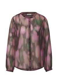 Transparente Bluse in Braun mit einem farbenfrohen Blumenmuster in rosa und grünen Farbtönen, rundem Ausschnitt und durchgehender Knopföffnung. Lange Ärmel mit Manschetten.