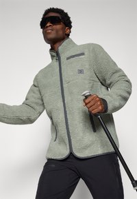 Giacca in pile verde chiaro con accenti grigi. Presenta una zip frontale, tasca e tessuto testurizzato. Il modello tiene un bastone da trekking.