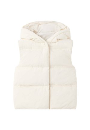 Veste matelassée sans manches blanc crème avec capuche et piqûres horizontales sur fond blanc uni.