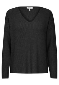 Pull en V, noir, à côtes, avec des manches longues et une coupe décontractée. Fabriqué en tissu texturé, mettant en valeur des motifs de côtes horizontales sur toute la surface.