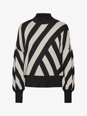 Langärmliger schwarzer und cremfarbener Pullover mit hohem Kragen. Mit kräftigen, diagonalen Streifen sowie einem gerippten Saum und Bündchen für einen strukturierten Look.