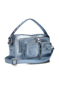 Metaalblauwe lederen crossbody tas met een gestructureerde afwerking, drie ritscompartimenten en een met studs versierde schouderriem. Accenten van zilverachtig beslag.