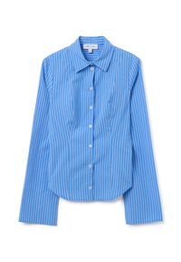 Camicia blu con bottoni, maniche lunghe, caratterizzata da strisce bianche verticali, colletto a punta e orlo curvo. Realizzata in tessuto morbido.