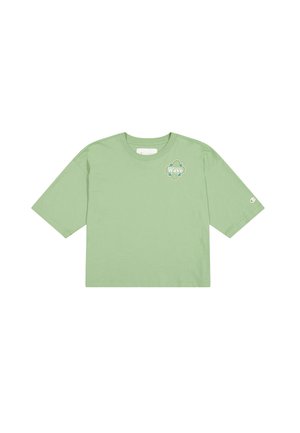 T-shirt cropped verde chiaro, realizzata in cotone. Presenta maniche corte e una piccola grafica sul petto con la scritta "Your Wave."
