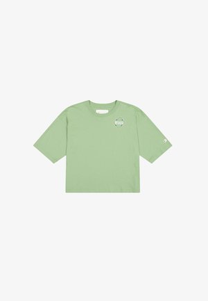 T-shirt cropped verde chiaro, realizzata in cotone. Presenta maniche corte e una piccola grafica sul petto con la scritta "Your Wave."