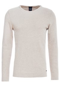 Ljusbeige slim-fit långärmad tröja med rund hals i finstickad textur och en svart BOSS-lapp inuti kragen.