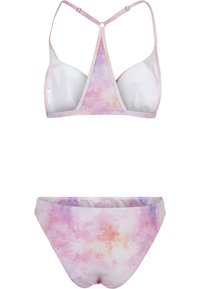 Set da bagno a due pezzi con top bralette a design triangolare e spalline regolabili, in un motivo acquerellato dai colori pastello.