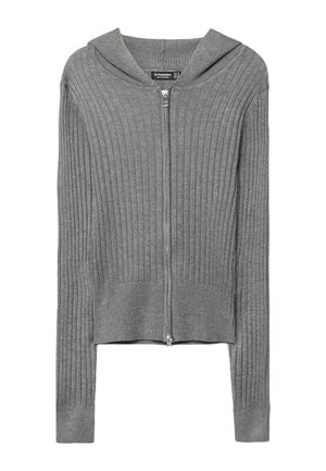 Szara prążkowana bluza na zamek z długimi rękawami i dopasowanym pasem, zaprojektowana do codziennego noszenia.