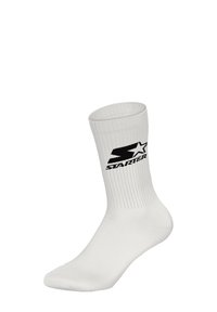 Białe podkolanówki wykonane z prążkowanej tkaniny. Po boku znajduje się czarne logo "Starter". Gładka faktura z wzmocnionym palcem i piętą.