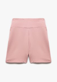 Pantaloni sportivi rosa chiaro con una texture liscia, vita alta e gambe dritta. Nessun motivo visibile o dettagli hardware.