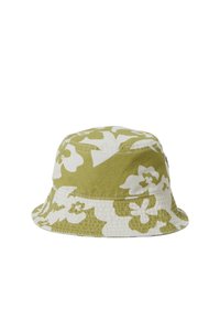 Grüner und weißer floral bedruckter Bucket Hat aus Stoff, mit weicher Textur, runder Form, breiter Krempe und sichtbaren Nähdetails.