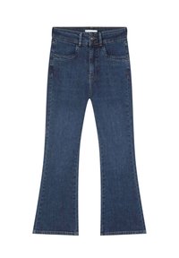 Dark blue denim flared jeans with a classic five-pocket design, featuring a front button and zipper closure, and a slightly faded texture.