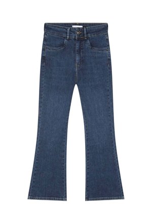 Jeans a zampa d'elefante in denim blu scuro con un classico design a cinque tasche, dotati di chiusura anteriore con bottone e zip, e una texture leggermente scolorita.