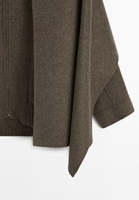 Dark olive green wool blend jacket with a relaxed fit, featuring a ribbed hem and an open front. Smooth texture and clean lines.