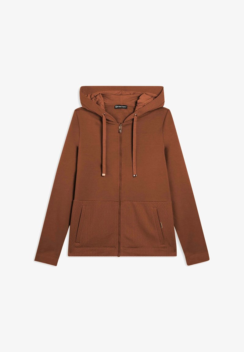 Sweat à capuche zippé marron avec un panneau inférieur texturé, capuche à cordon et deux poches avant. Tissu lisse avec un design ajusté.