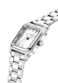 Silver rectangular watch with a polished metal band, featuring a simple white face, hour markers, and a crown on the side.