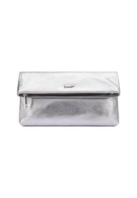 Zilveren metallic clutchbag met een gladde textuur, ritssluiting en een omgevouwen klep. Voorzien van een subtiele logo-accent op de voorkant.