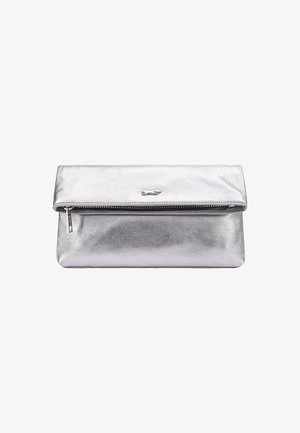Silver metallic clutch bag with a smooth texture, zip closure, and a fold-over flap. Features a subtle logo accent on the front.