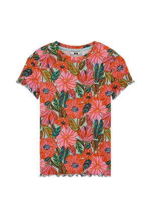 Krótki rękaw, prążkowany top z jaskrawym różowo-pomarańczowym nadrukiem kwiatowym i zielonymi liśćmi, z okrągłym dekoltem i falbankowymi brzegami.