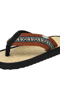 Brown woven flip-flop with black straps, featuring patterned accents in blue and beige, resting on a textured natural straw sole.