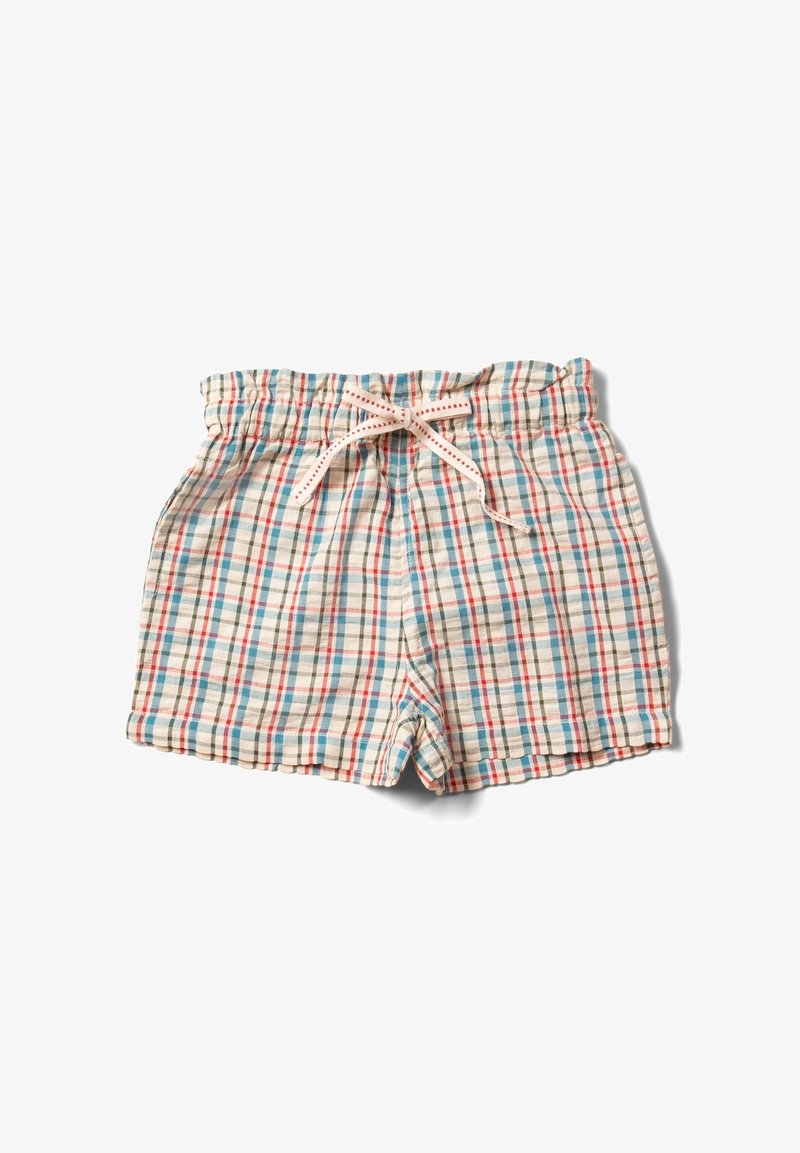 Karierte Shorts in Creme mit roten, blauen und grünen Karomustern. Elastischer Bund mit Kordelzug. Weicher Stoff, lässiges Design.