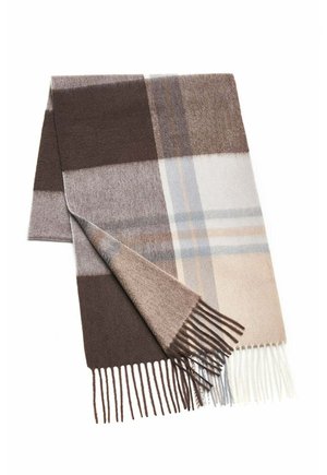 Wool blend scarf in brown, grey, and beige plaid pattern, featuring fringed edges and soft texture. Rectangular shape, lightweight fabric.
