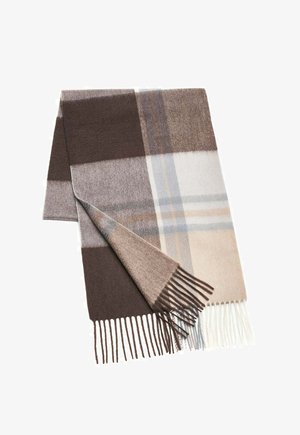 Wool blend scarf in brown, grey, and beige plaid pattern, featuring fringed edges and soft texture. Rectangular shape, lightweight fabric.