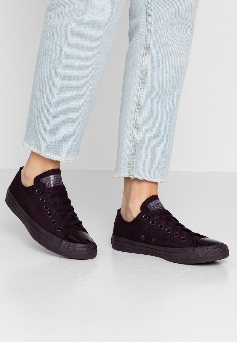 Svarta canvas låga sneakers med runda tån, glänsande tåskydd och platta snören. Bärs med ljusblå, korta jeans med fransiga fållar.