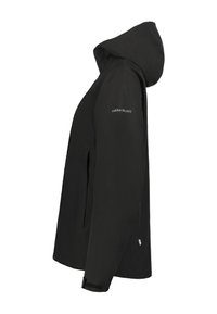 Svart softshelljacka med huva, med fickor med dragkedja, justerbara ärmavslut och en minimalistisk design. Materialet ser slätt och hållbart ut.