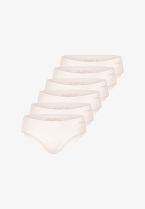 Ensemble de six slips beiges taille basse, en tissu doux, avec une ceinture festonnée et un minimum de marquage à l'avant.