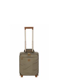 Valise à roulettes en tissu gris avec une poignée rétractable, des accents beiges, une poche zippée à l'avant et quatre petites roues pour la mobilité.