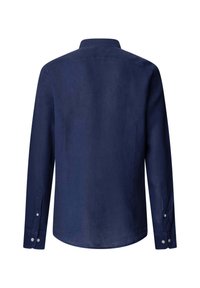 Marineblauw shirt met lange mouwen en knoopmanchetten, vanaf de achterkant getoond tegen een witte achtergrond.