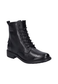 Bottine en cuir noir avec bout rond, lacets à l'avant et petit talon en bois. Surface lisse avec des détails de couture et une languette à l'arrière.