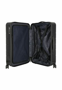 Black hard-shell suitcase with zip closure, interior mesh pocket, cross straps, and textured dark lining. Features wheels and a handle.