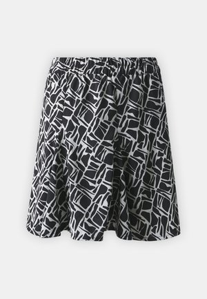 Black and white patterned skirt with an elastic waistband, featuring a geometric design and textured fabric. Flared silhouette.